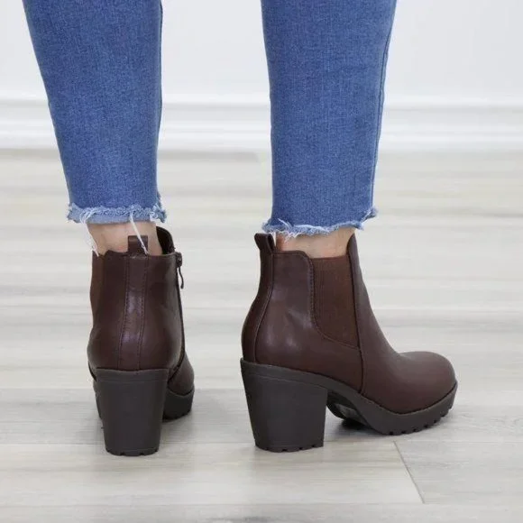 Lug Sole Ankle Boots Brown Chelsea Booties - Picture 12 of 15